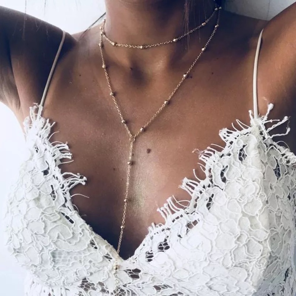 Drop Strand Beaded Layered Gold Choker Necklace - Picture 1 of 3